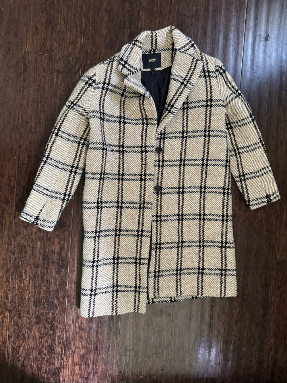 Maje Cream and Black Windowpane Plaid Pea Coat